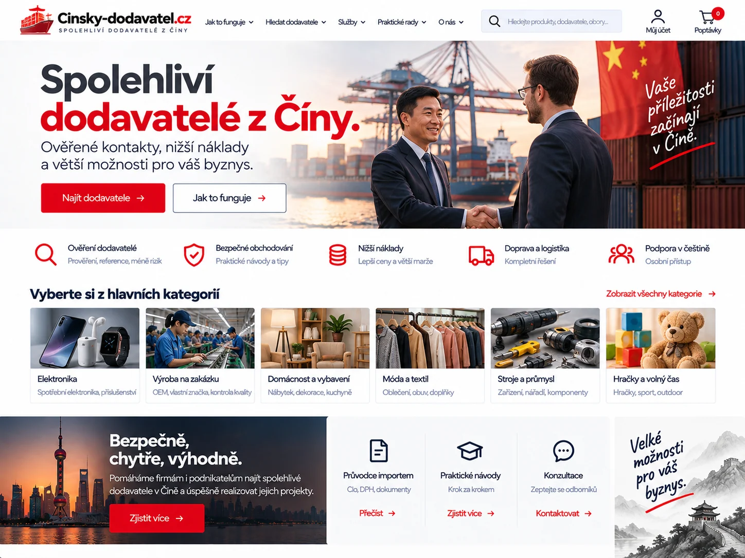 Ilustrační návrh pro CinskyDodavatel.cz zaměřený na vyhledávání dodavatelů, výrobu, dovoz, logistiku a B2B konzultace
